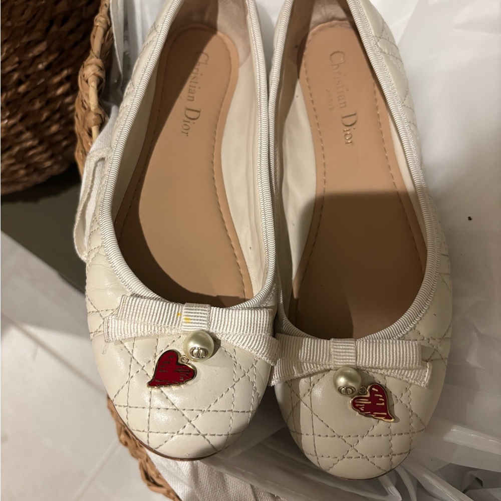 Dior White Quilted Flats with Heart Detail